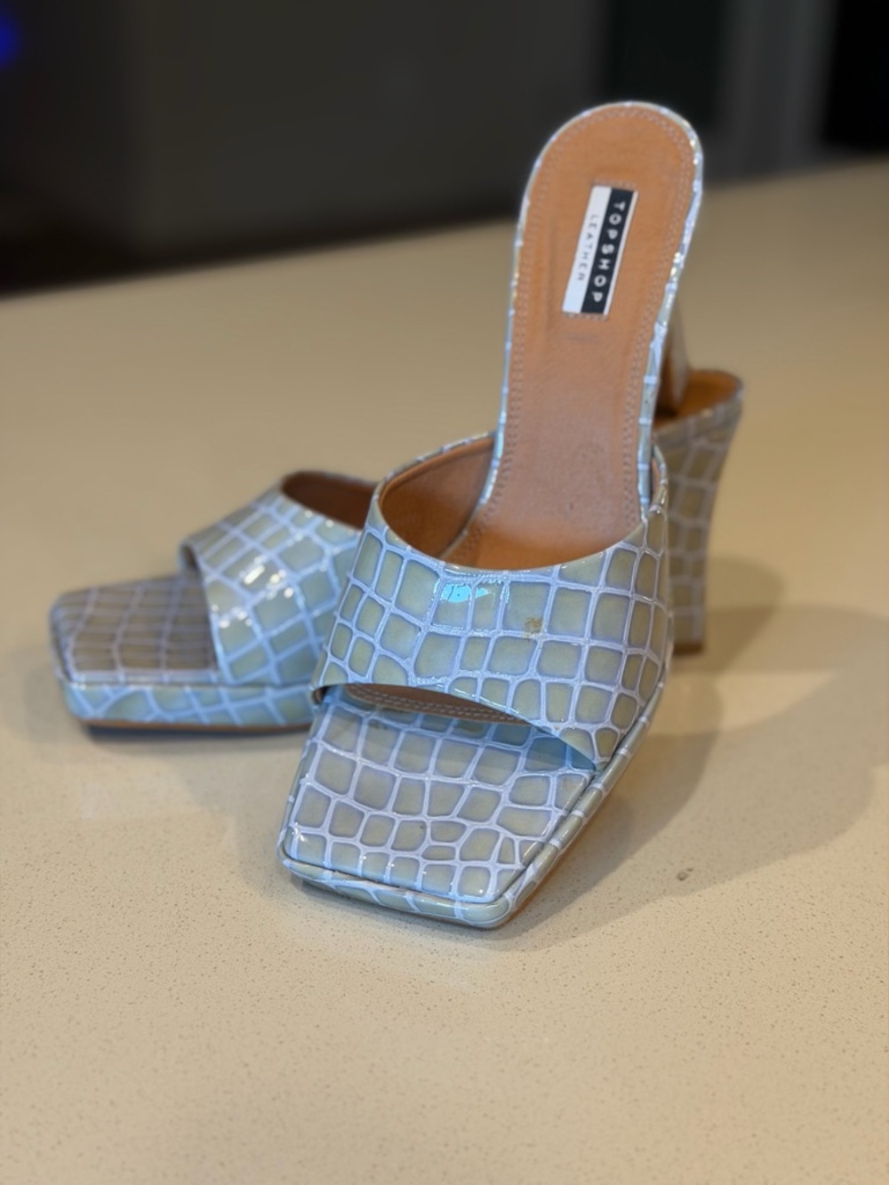 Topshop Light Blue Croc-Embossed Square Toe Block Heel Mules